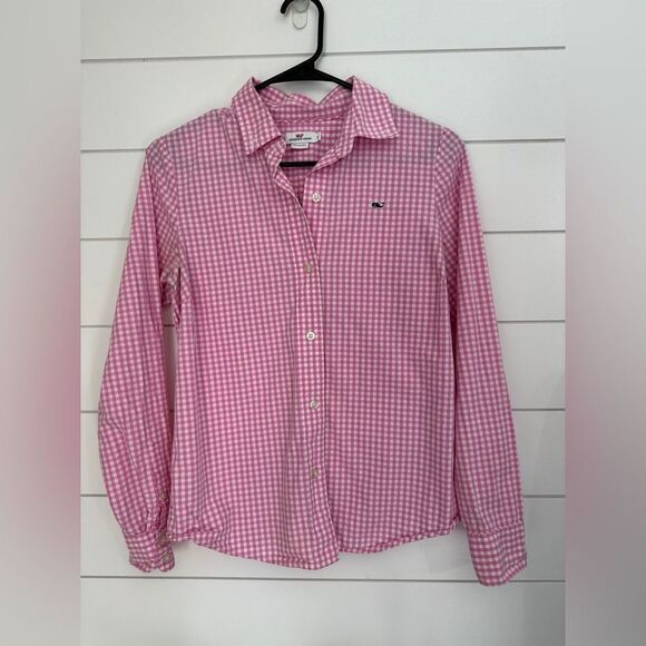 Vineyard Vines Button Down Womens Size 2 Pink White Gingham Long Sleeve Small - Picture 1 of 2